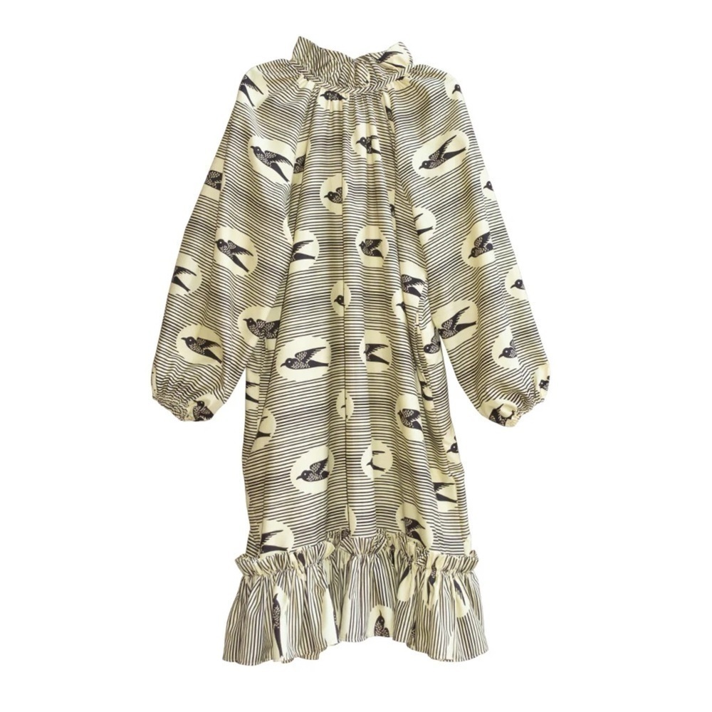 Women's Cream & Black Printed Midi Dress with Ruffle Hem